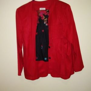 Red jacket with black pattern scarf in Women